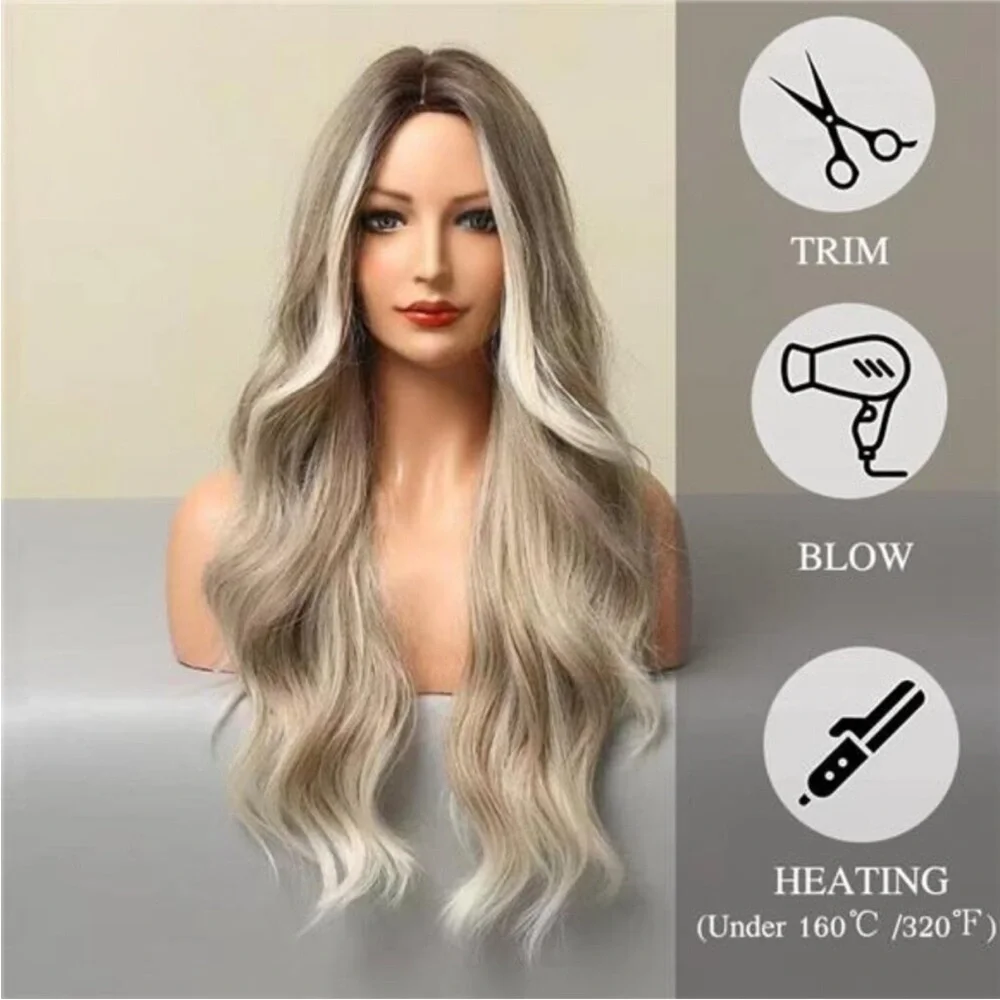 Womens Natural 24” Hair Heat Resistant Brown Ombre Ash Blonde NEW